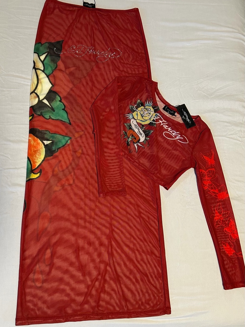 Ed Hardy Red Sheer Mesh Two-Piece Coverup Set with Floral Tattoo Graphics